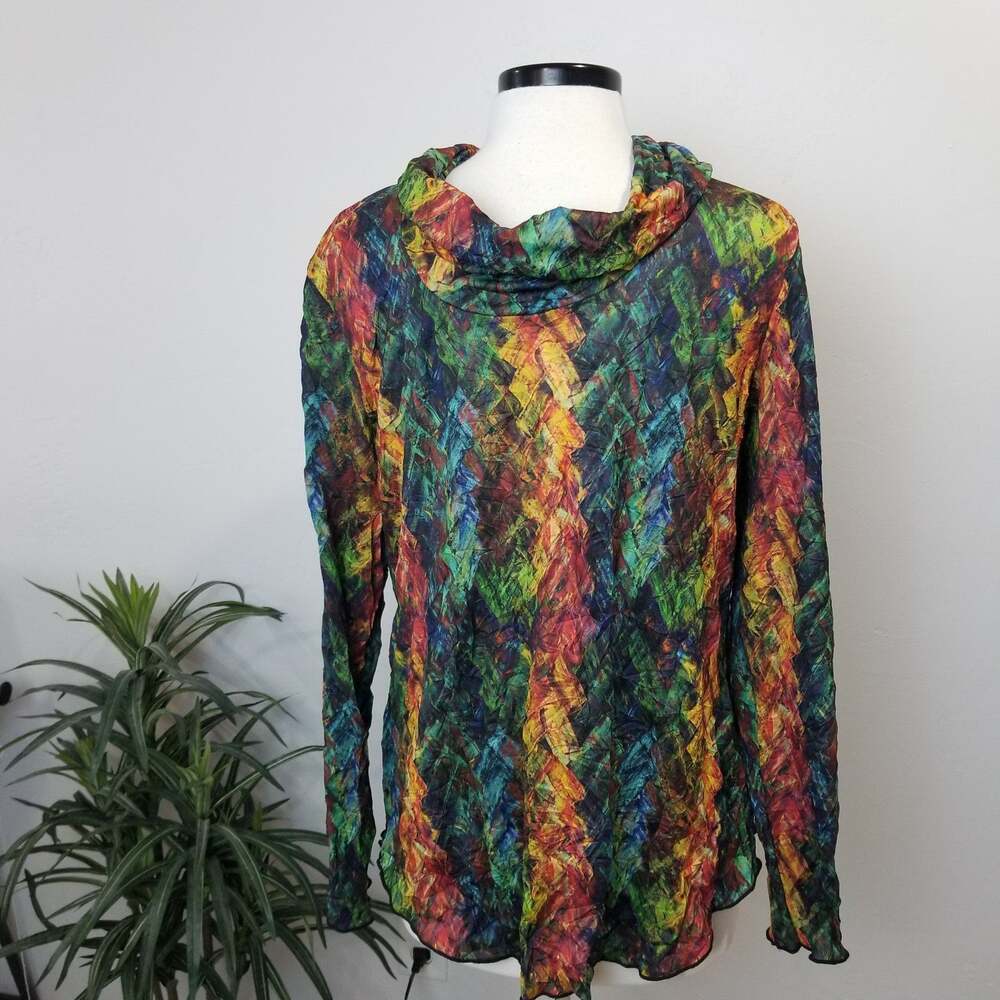 Sno Skins Shirt Womens Large Multicolor Abstract Cowl Neck Tunic Top Made USA